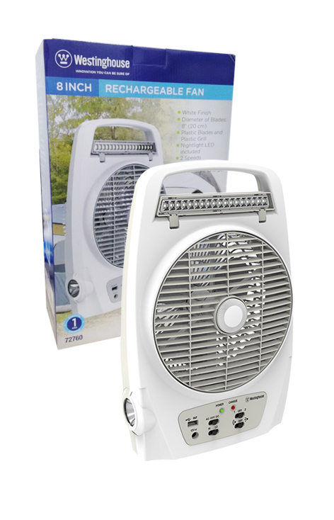 VENTILADOR RECARGABLE 8`(20CMS) BLANCO, CARGADOR USB, LUZ NOCTURA WESTINGHOUSE REF72760 ASPAS PLASTICAS, 24W, 110V/ 2 VELOCIDADES (U.E.:8)