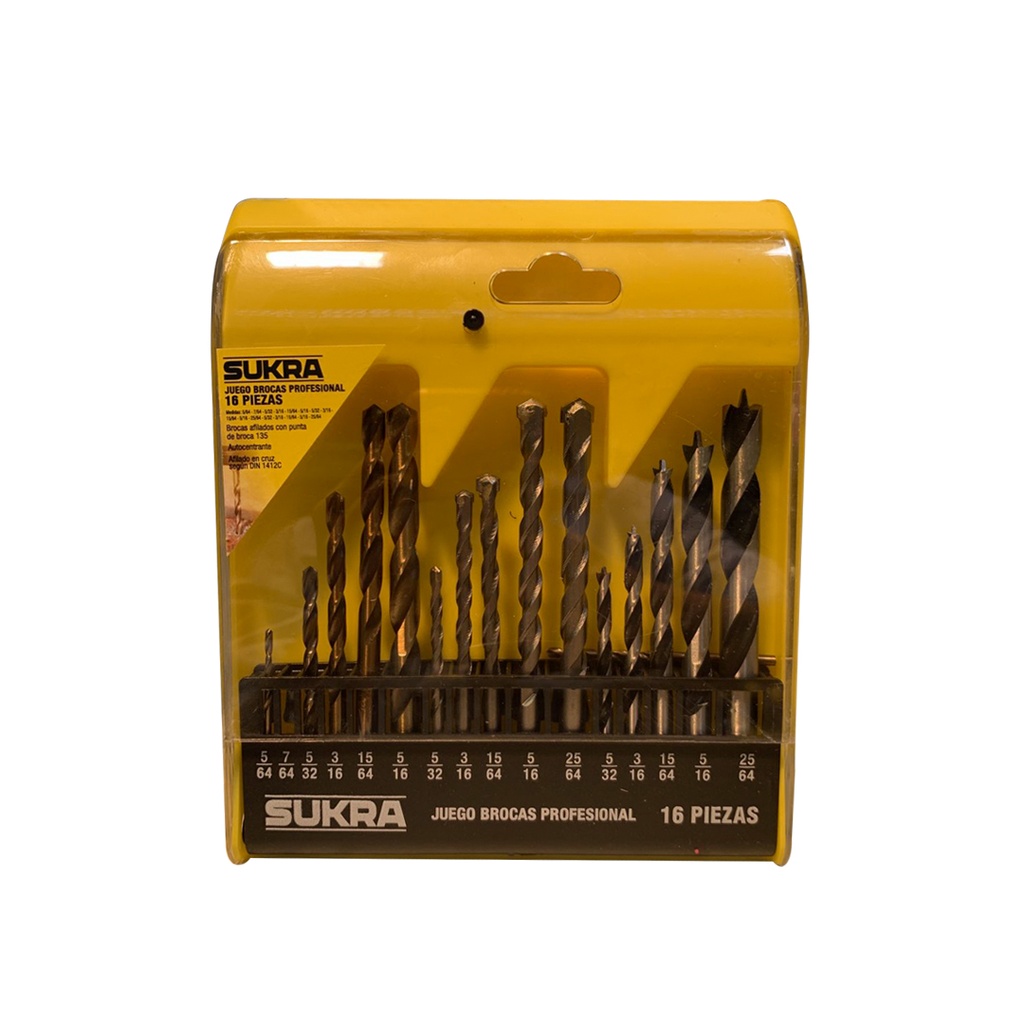 JUEGO BROCA PROFESIONAL MIX 16 PZA METAL MURO MADERA SUKRA (U.E:50)