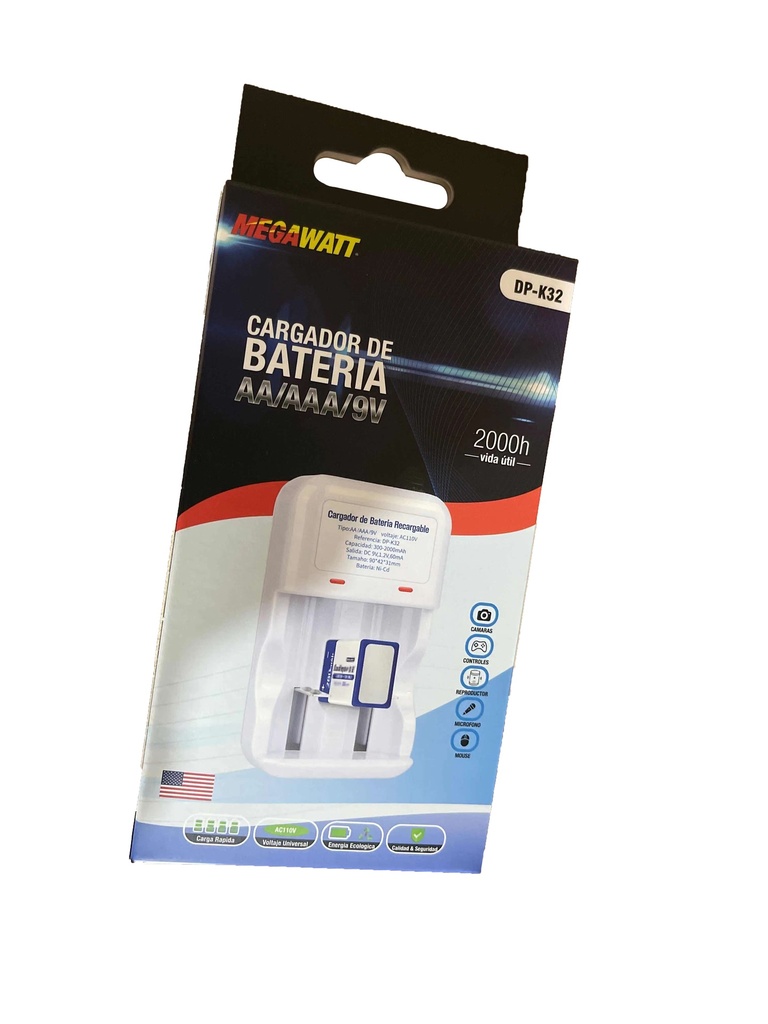 CARGADOR DE BATERIA RECARGABLES DP-K32 PARA BATERIA AA / AAA / 9V  MEGAWATT  (U.E:72)